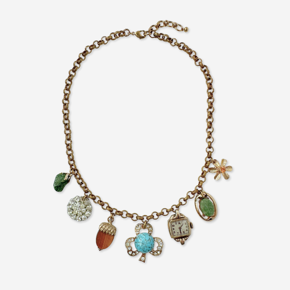 Repurposed vintage multicolor charm necklace on aged brass chain