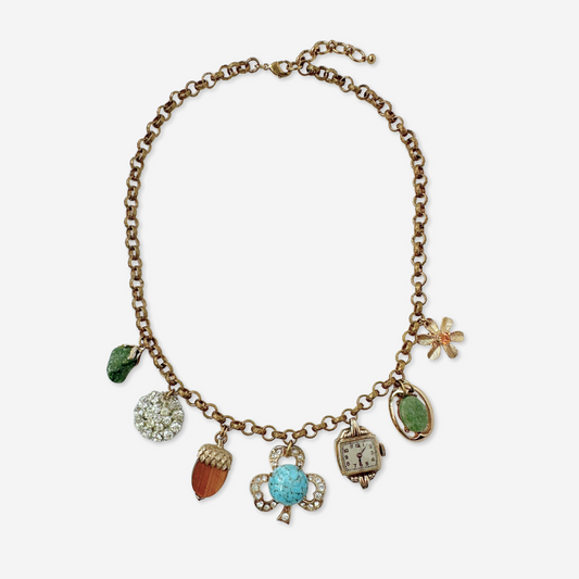 Repurposed vintage multicolor charm necklace on aged brass chain