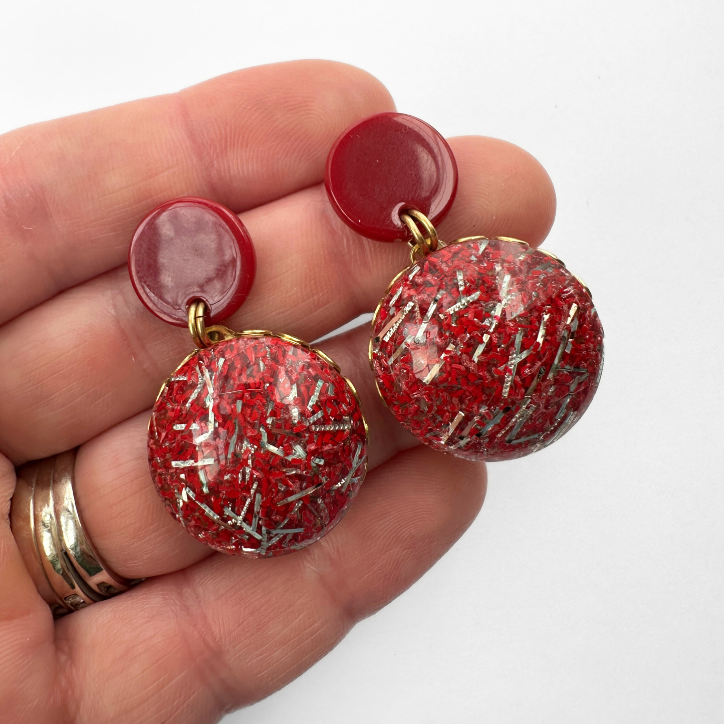 Refashioned vintage red lucite confetti drop earrings