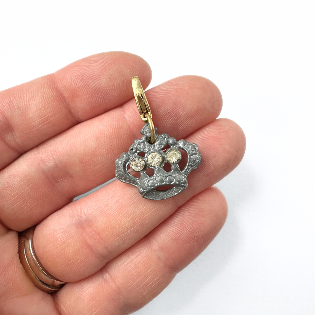 Vintage aged silver and rhinestone crown charm