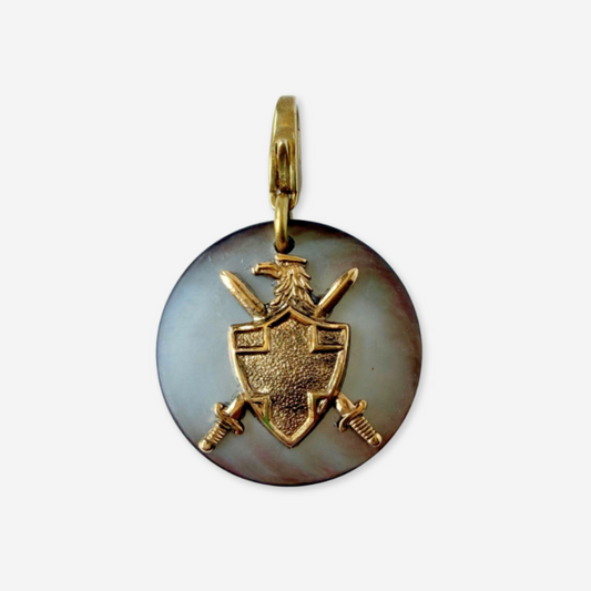 Vintage abalone shell button charm with coat of arms embellishment