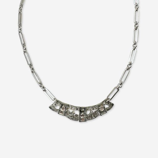 Vintage wide rhinestone pendant with silver plated oval link chain