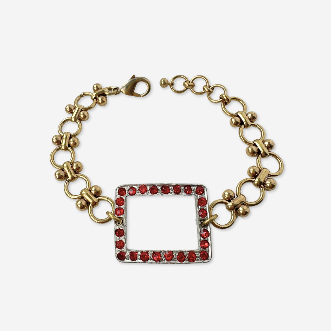 Refashioned vintage red rhinestone rectangle link bracelet