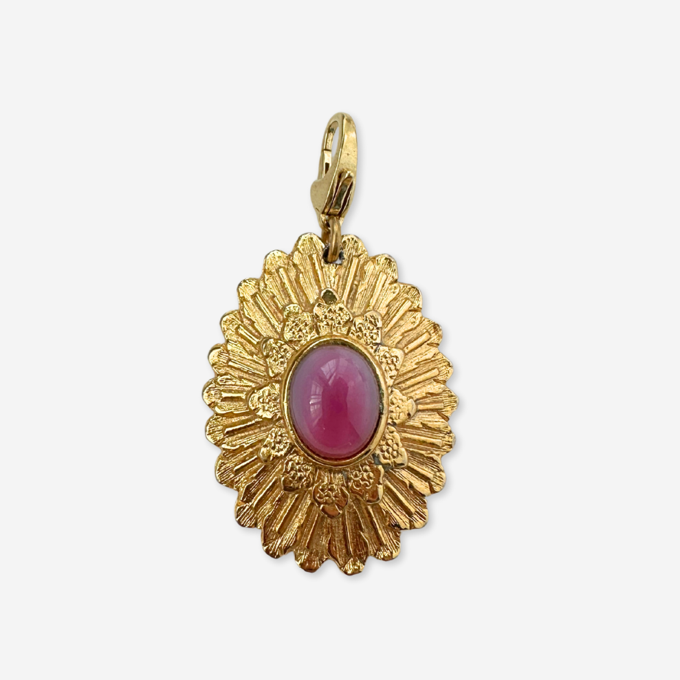 Vintage large gold oval sunburst charm with pink moonstone center