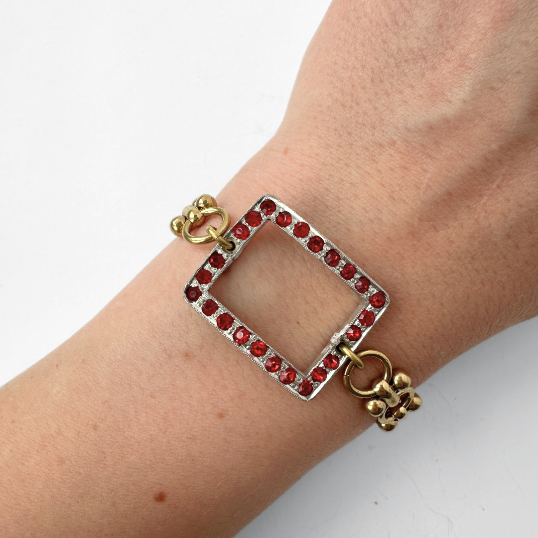 Refashioned vintage red rhinestone rectangle link bracelet