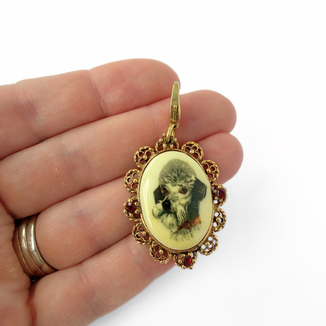 Refashioned vintage oval poodle portrait charm
