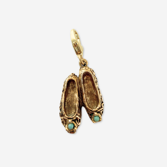 Vintage muted gold ballet slippers charm with turquoise stones