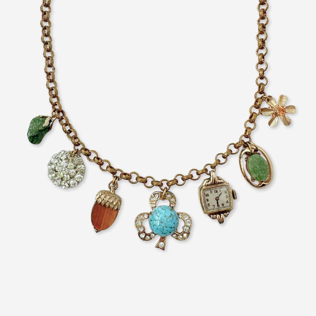 Repurposed vintage multicolor charm necklace on aged brass chain