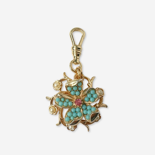 Vintage turquoise, pink, and pearl gold floral charm