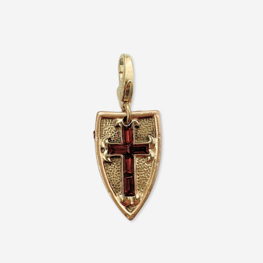 Vintage gold shield charms with red rhinestone cross