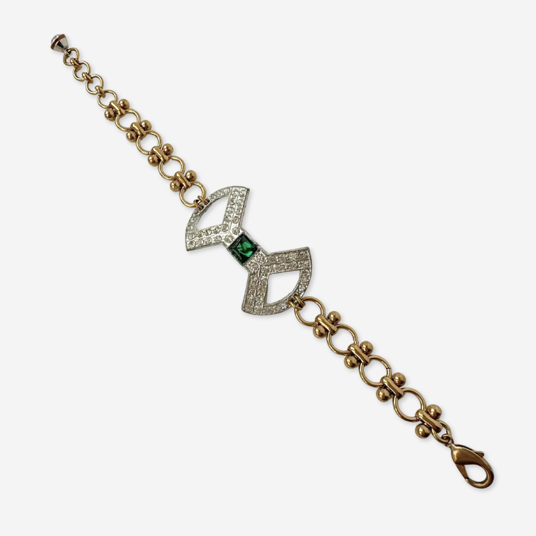 Refashioned vintage clear and green rhinestone bracelet with brass chain
