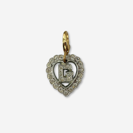 Vintage silver and clear rhinestone letter "G"  heart charm