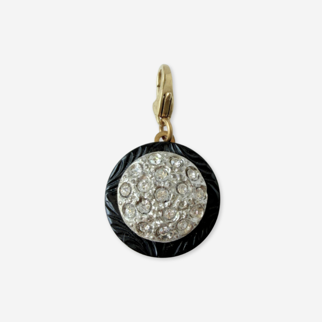 Vintage clear rhinestone and black layered button charm