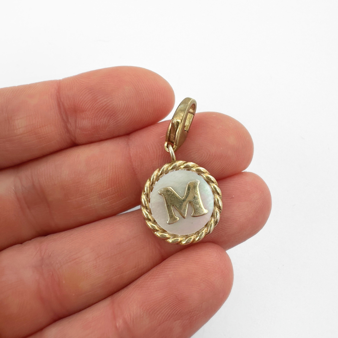 Small vintage mother of pearl and brass "M" circle monogram charm