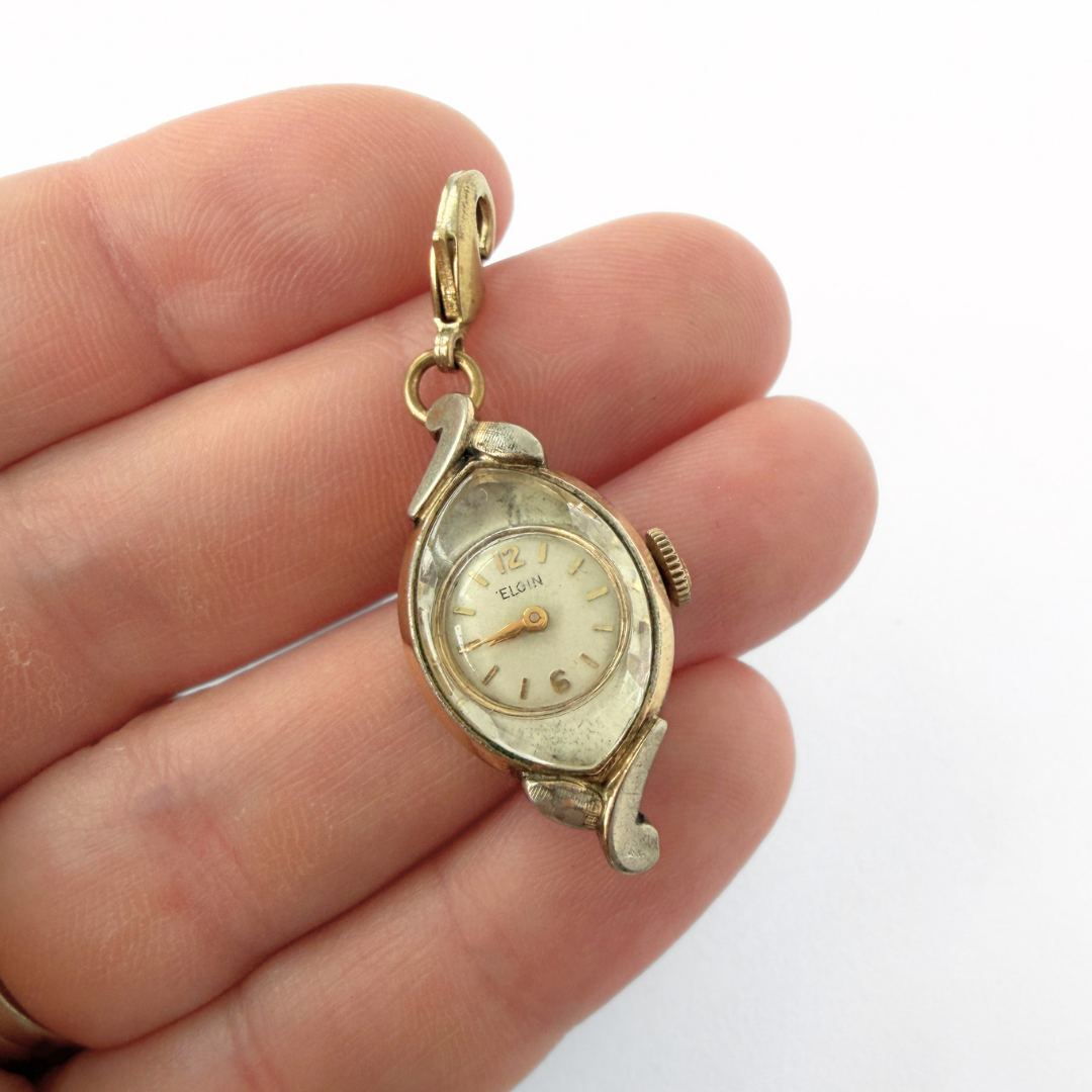 Vintage gold tone  "Elgin" watch face charm