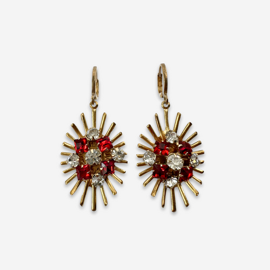 Brass sunburst earrings with clear and red vintage rhinestone centers