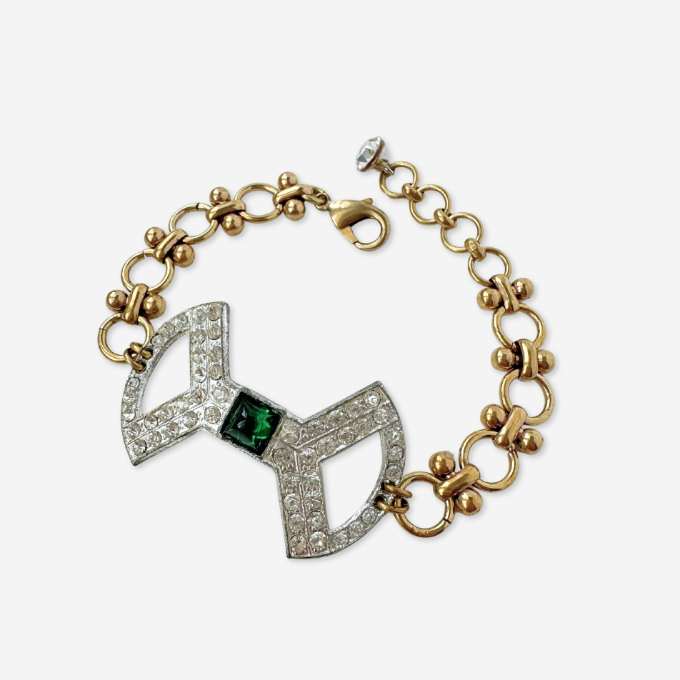 Refashioned vintage clear and green rhinestone bracelet with brass chain