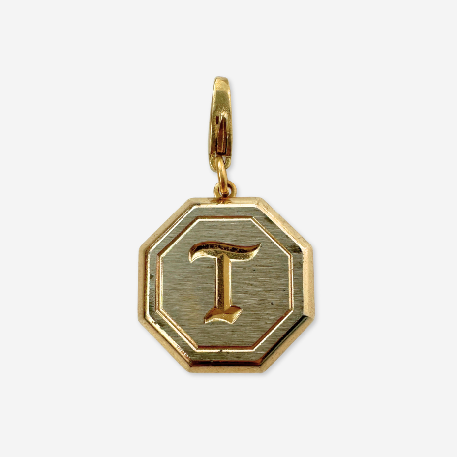 Gold tone engraved "T" monogram vintage hexagon cufflink charm