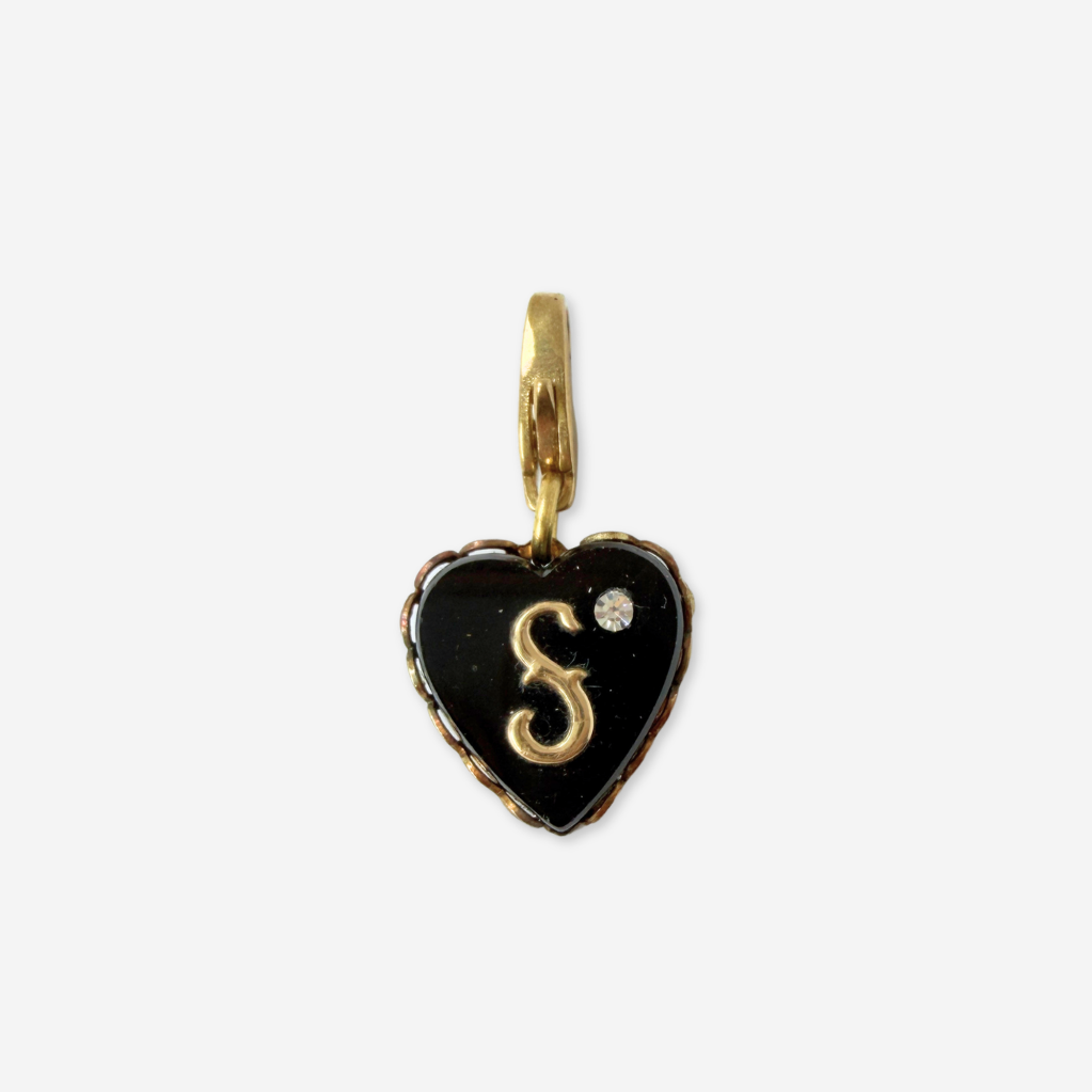 Small refashioned vintage black letter "S" heart charm