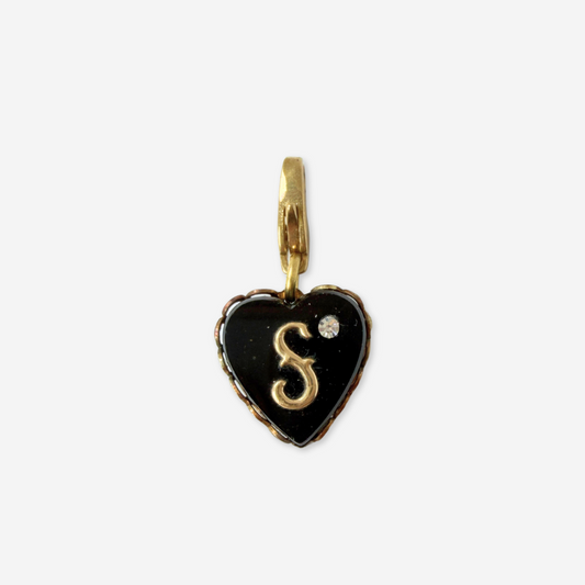 Small refashioned vintage black letter "S" heart charm