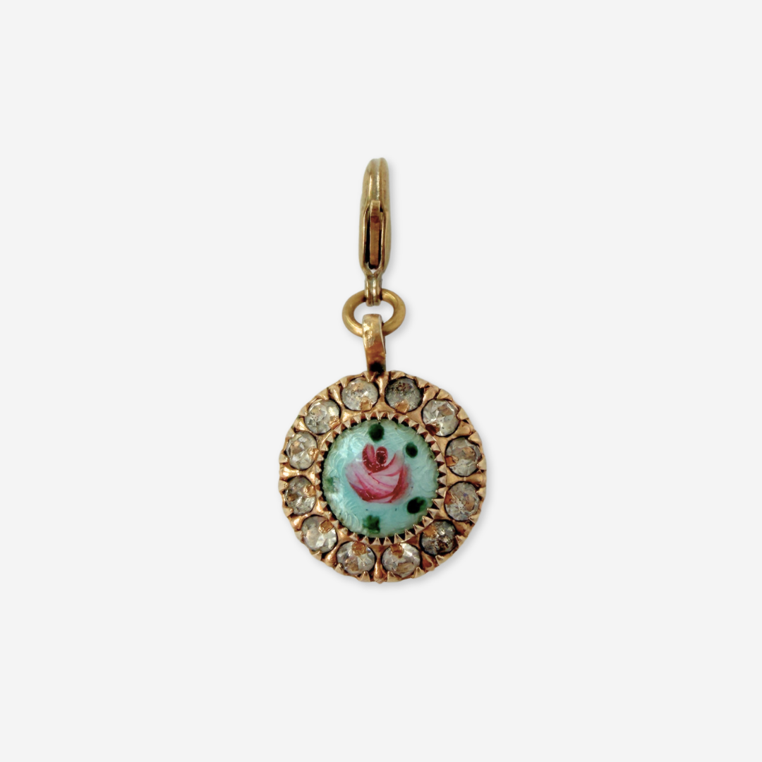 Small vintage hand painted light blue and rhinestone floral charm