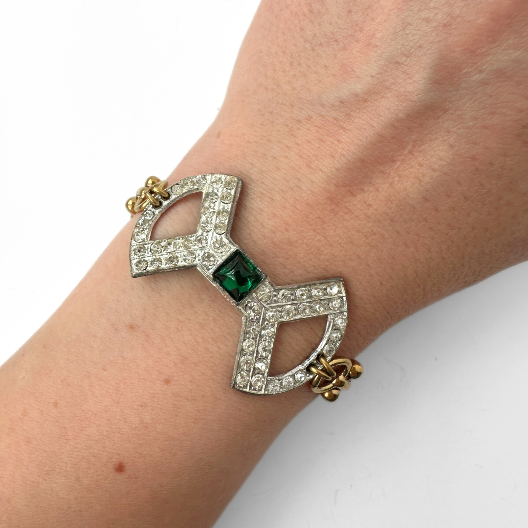 Refashioned vintage clear and green rhinestone bracelet with brass chain