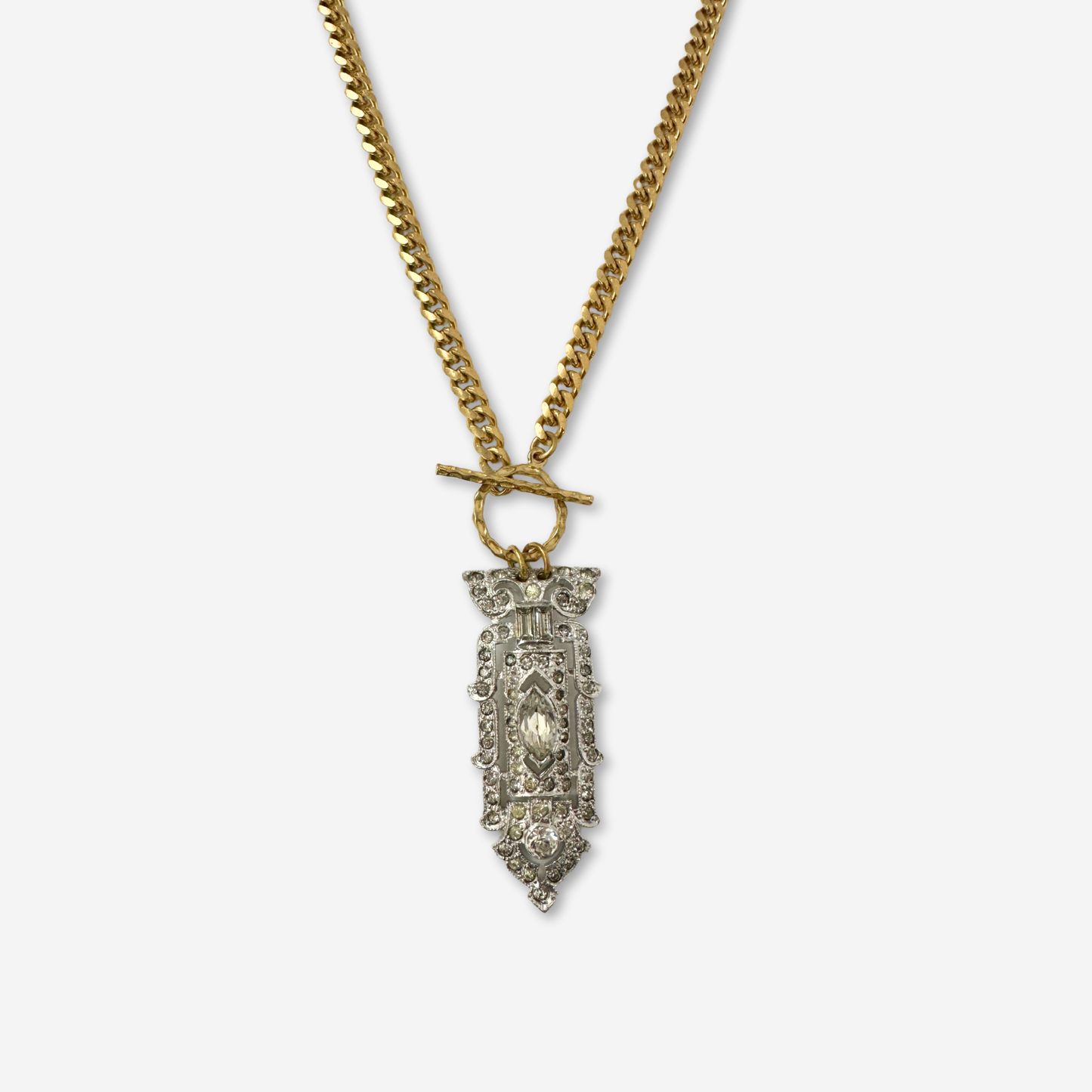 Vintage art deco rhinestone pendant with brass curb chain and toggle clasp