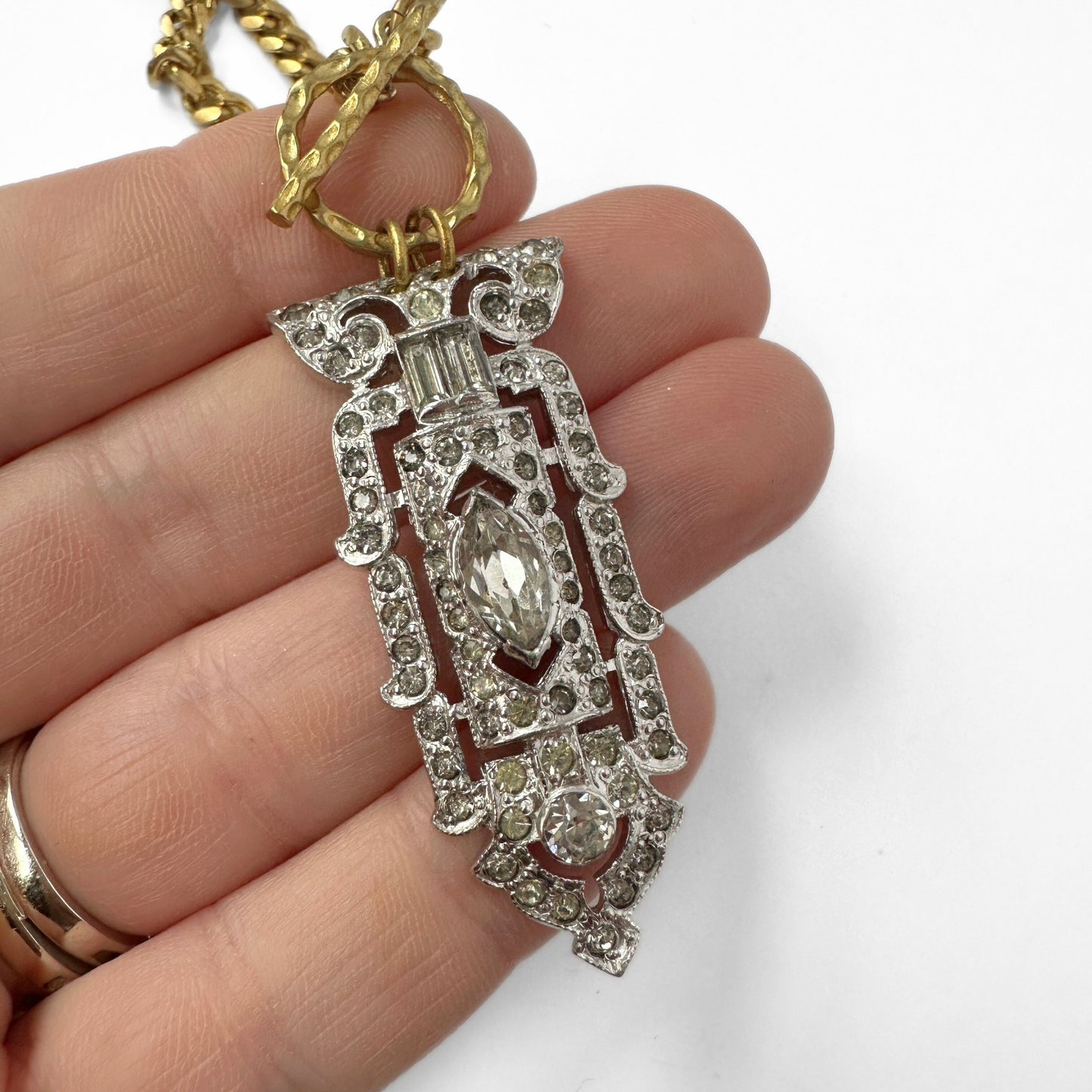 Vintage art deco rhinestone pendant with brass curb chain and toggle clasp