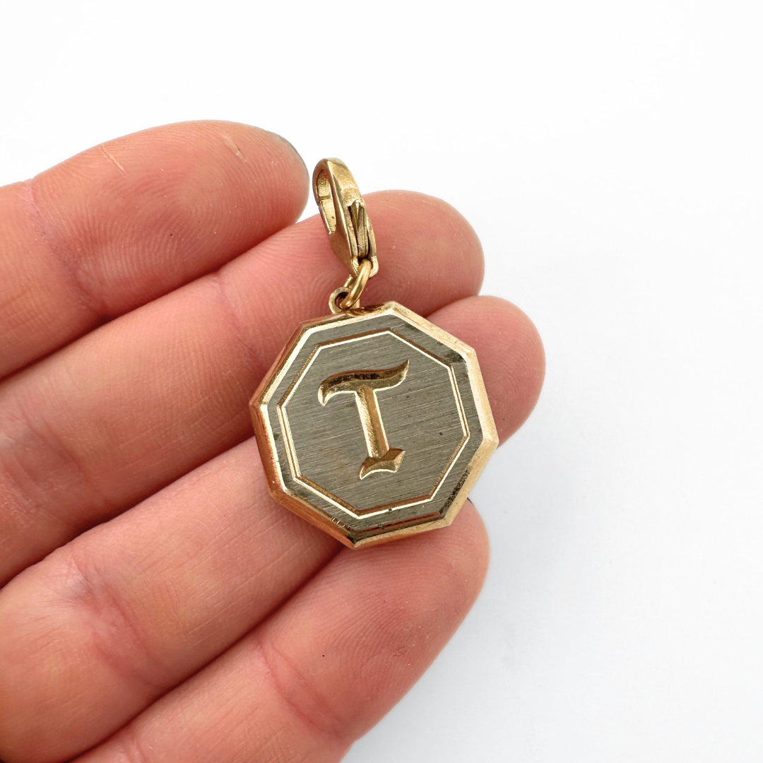 Gold tone engraved "T" monogram vintage hexagon cufflink charm