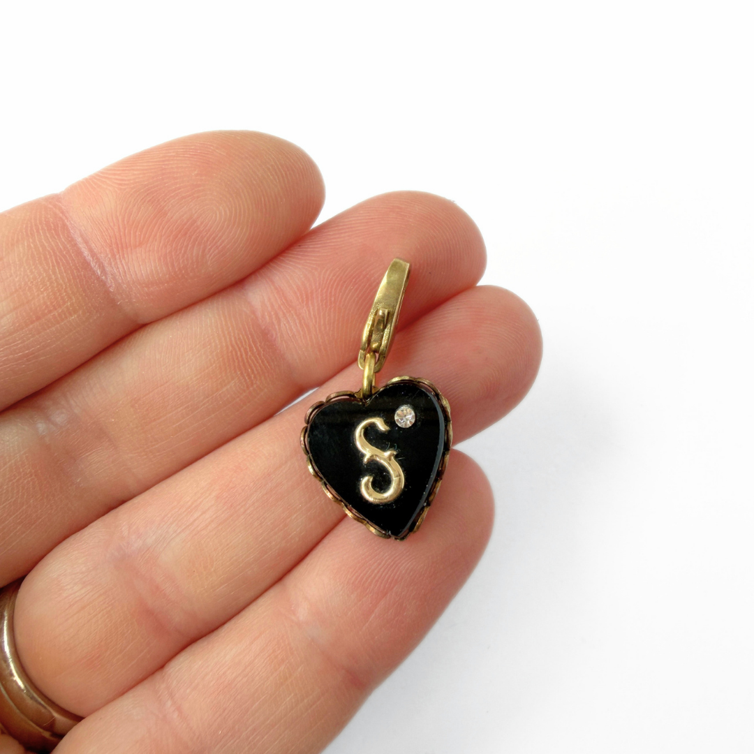 Small refashioned vintage black letter "S" heart charm