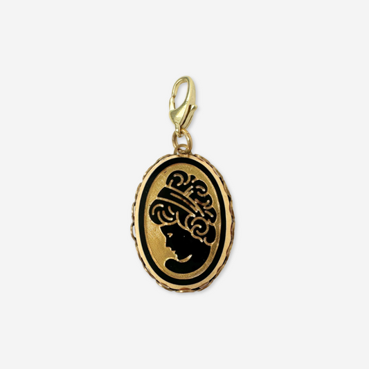Vintage black and gold oval glass cameo charm