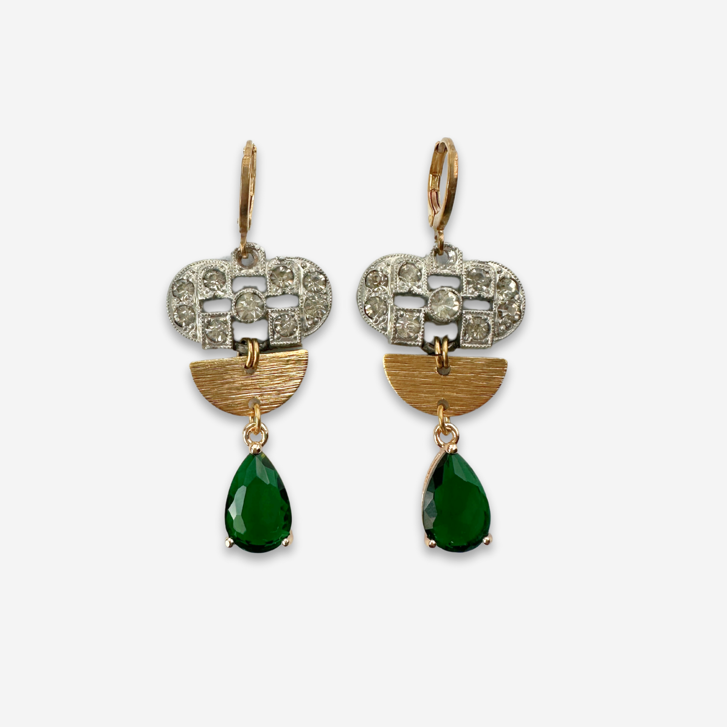 Refashioned deco rhinestone link earrings with emerald green crystal teardrop