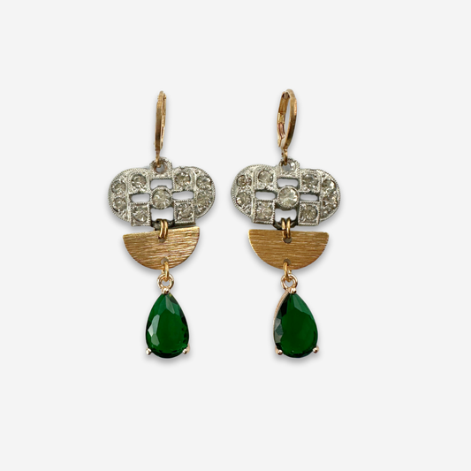 Refashioned deco rhinestone link earrings with emerald green crystal teardrop