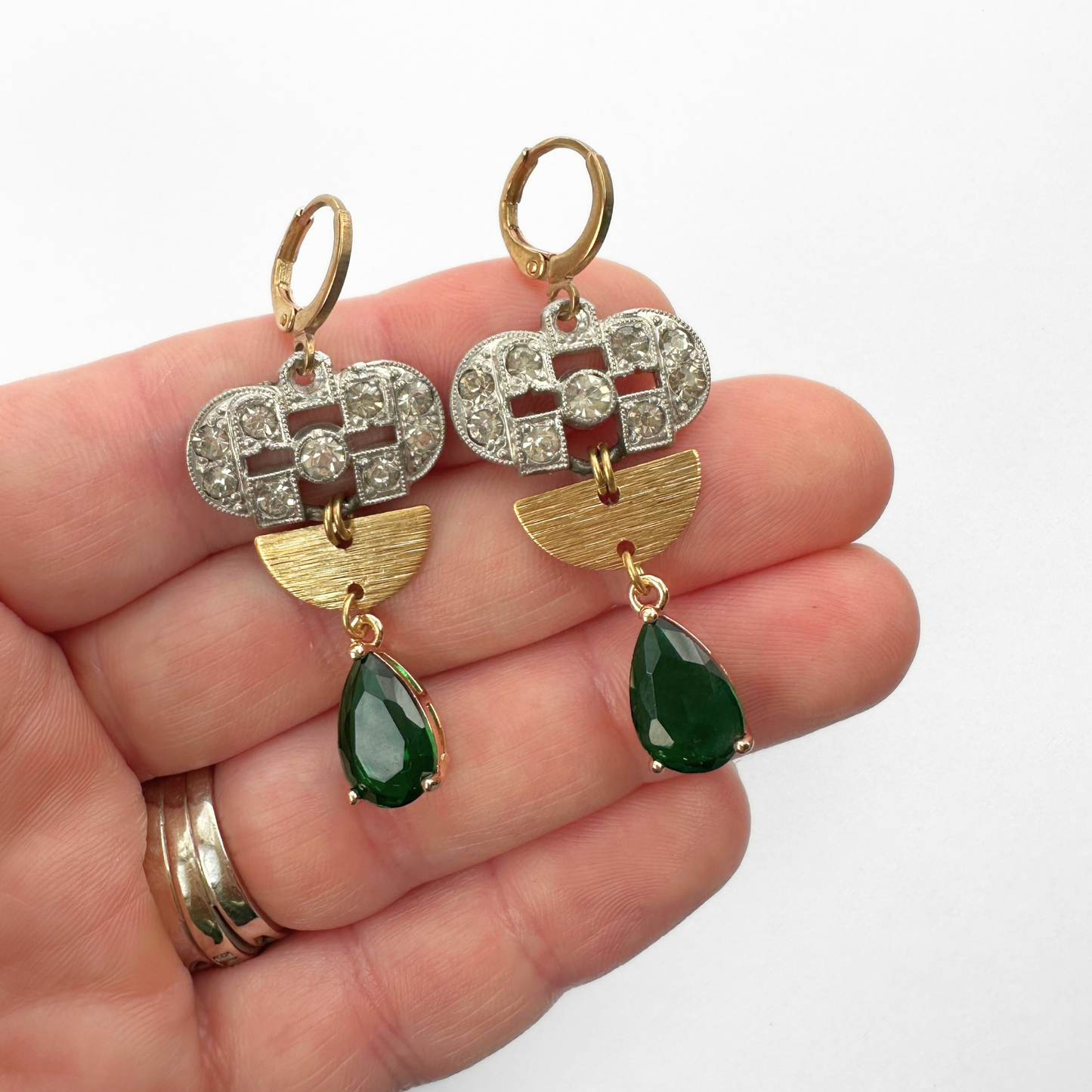 Refashioned deco rhinestone link earrings with emerald green crystal teardrop