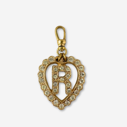 Large vintage gold and clear rhinestone letter "R"  heart charm