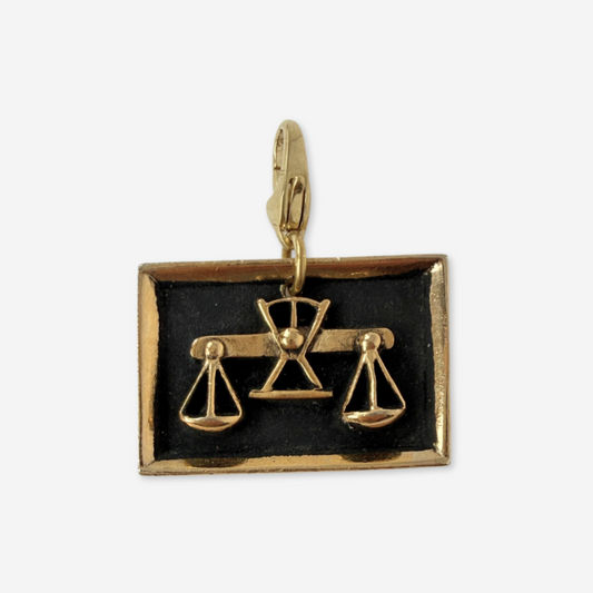 Vintage gold and black enamel Libra scales rectangular charm