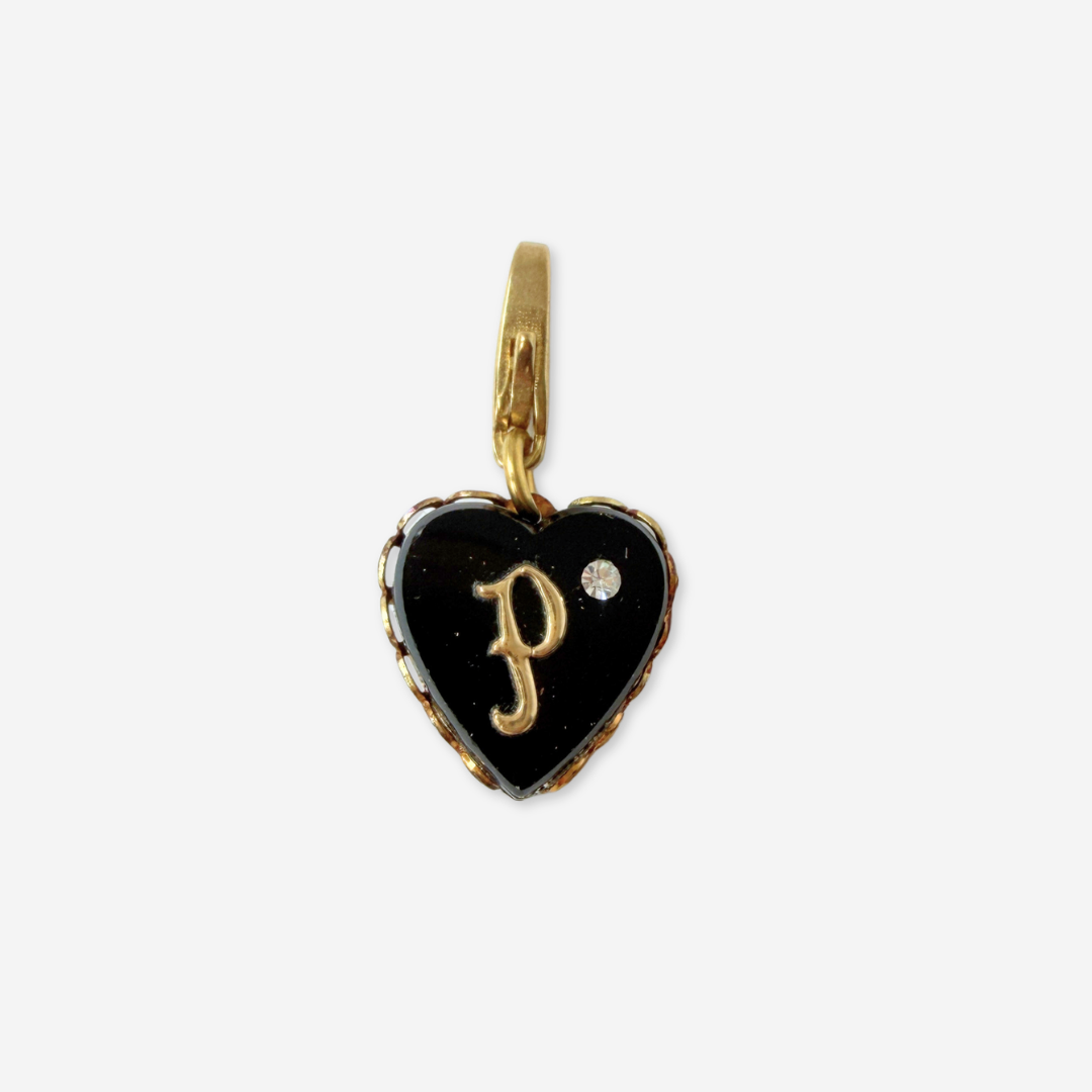 Small refashioned vintage black letter "P" heart charm