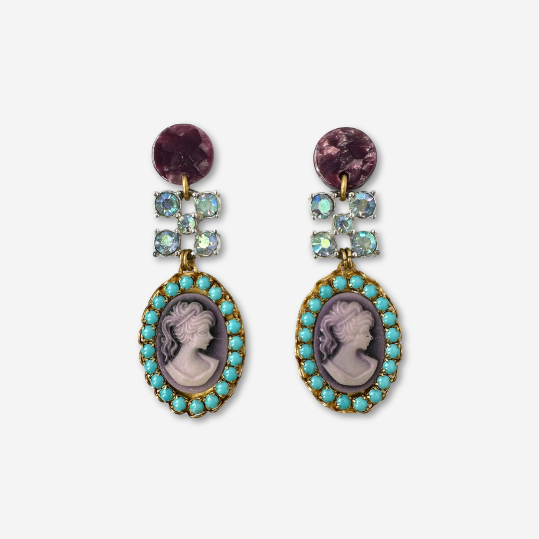 Refashioned purple and turquoise vintage cameo earring with iridescent rhinestone link