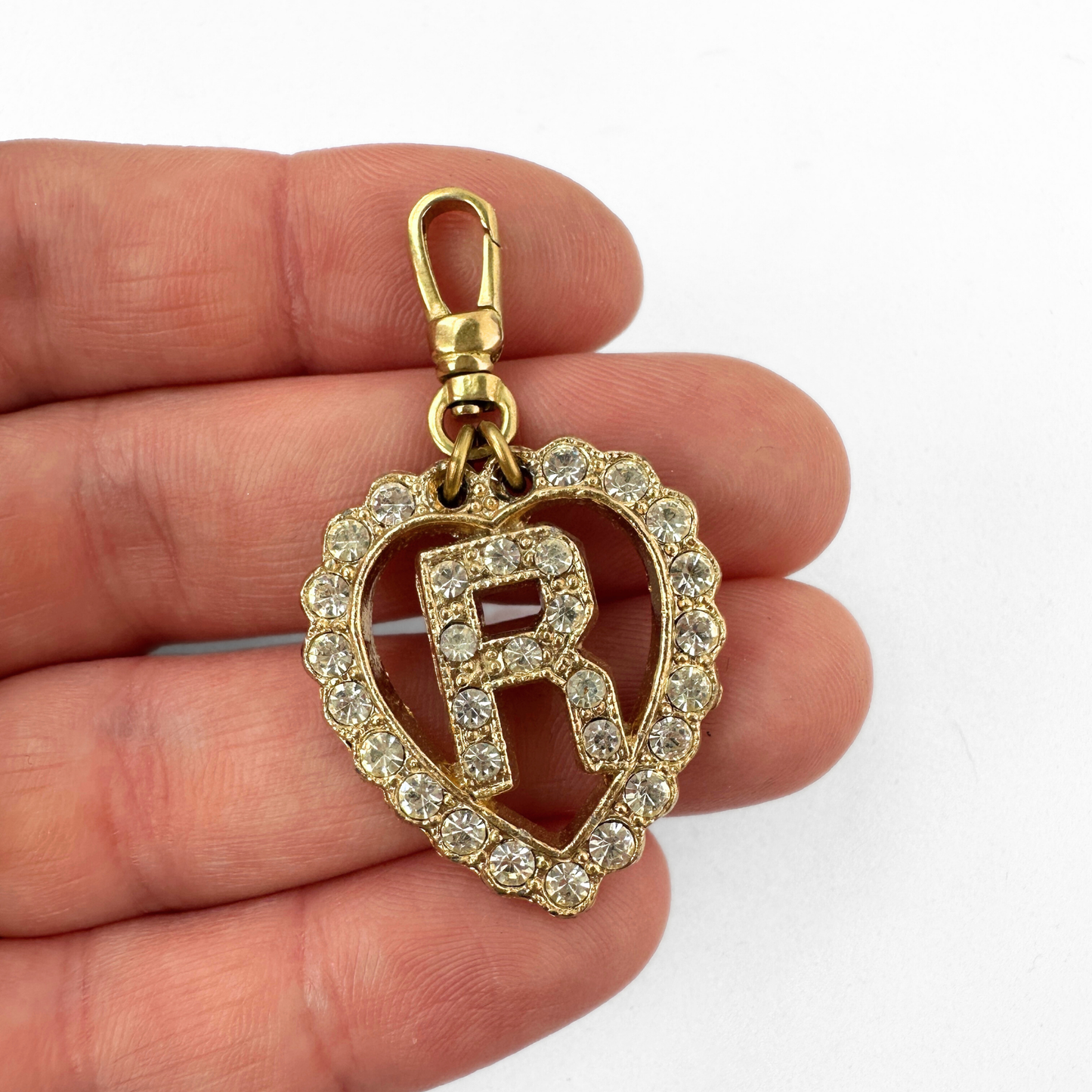 Large vintage gold and clear rhinestone letter "R"  heart charm