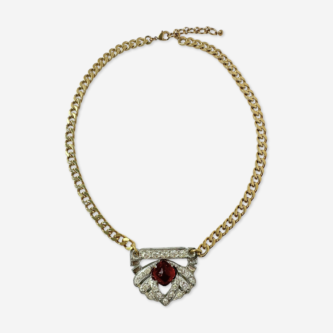 Refashioned vintage clear and red rhinestone art deco pendant necklace