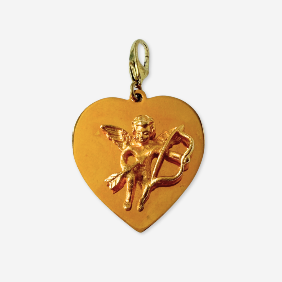 Large vintage bright gold Cupid heart charm