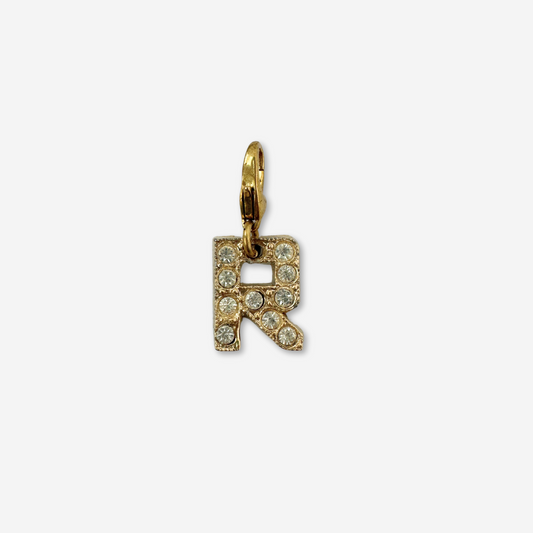 Small vintage gold and clear rhinestone letter "R"  charm