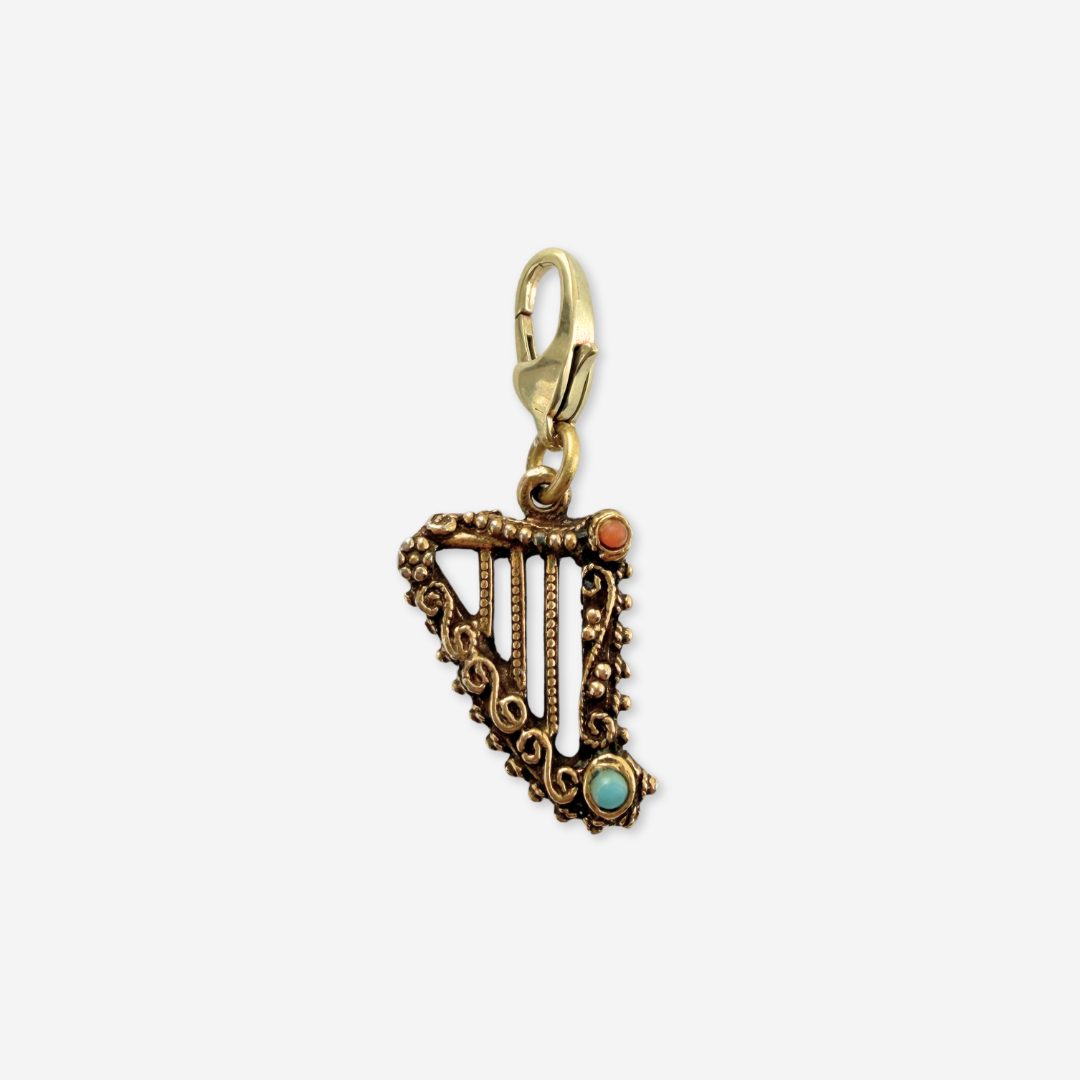 Vintage antique gold harp charm pendant with colored stones