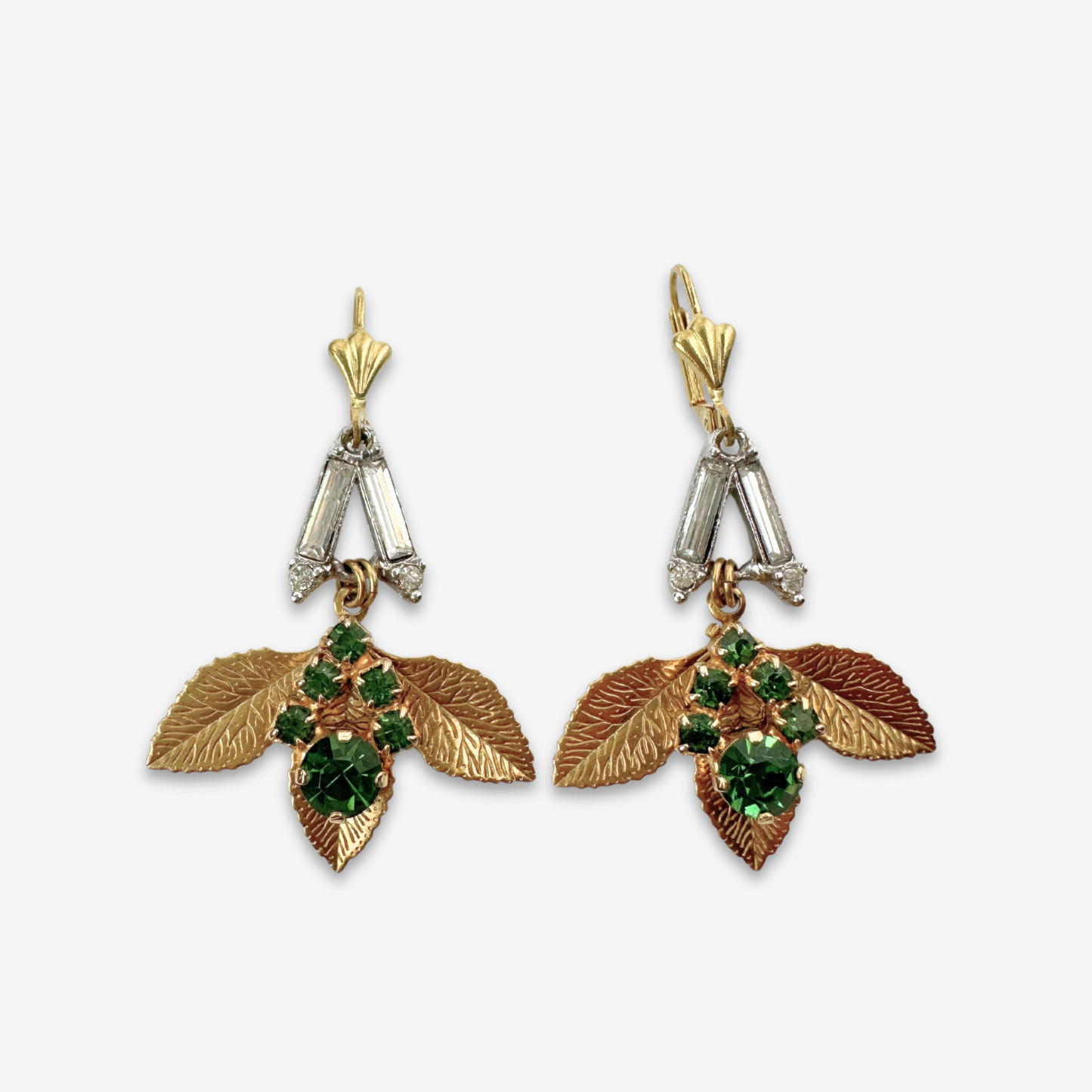 Refashioned vintage green and clear vintage earrings with brass leaf stamping