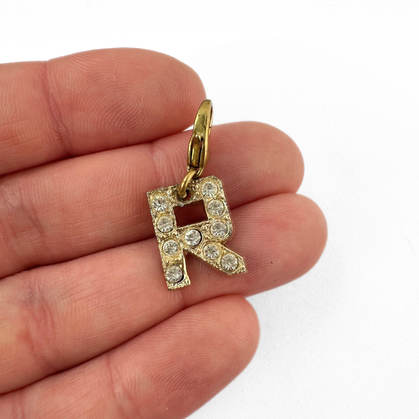 Small vintage gold and clear rhinestone letter "R"  charm