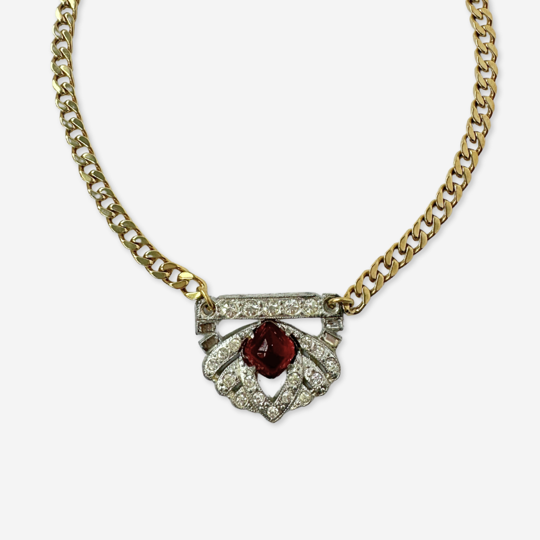 Refashioned vintage clear and red rhinestone art deco pendant necklace