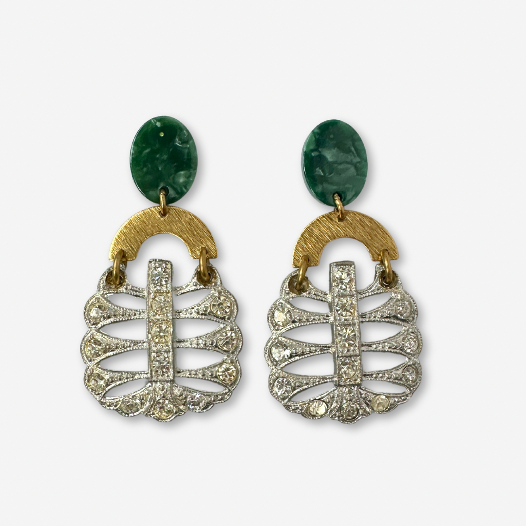 Repurposed vintage clear rhinestone earrings with brass and green acetate posts