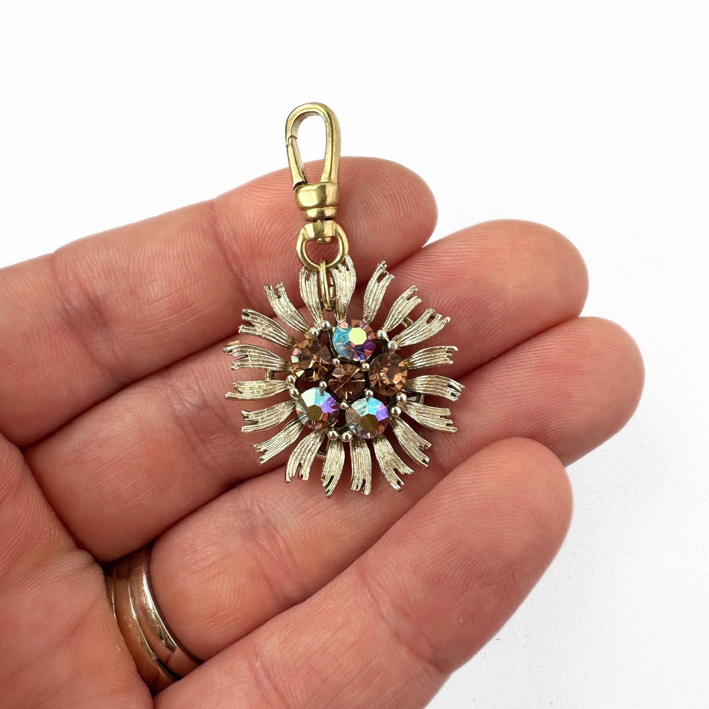 Vintage iridescent topaz rhinestone sunflower charm