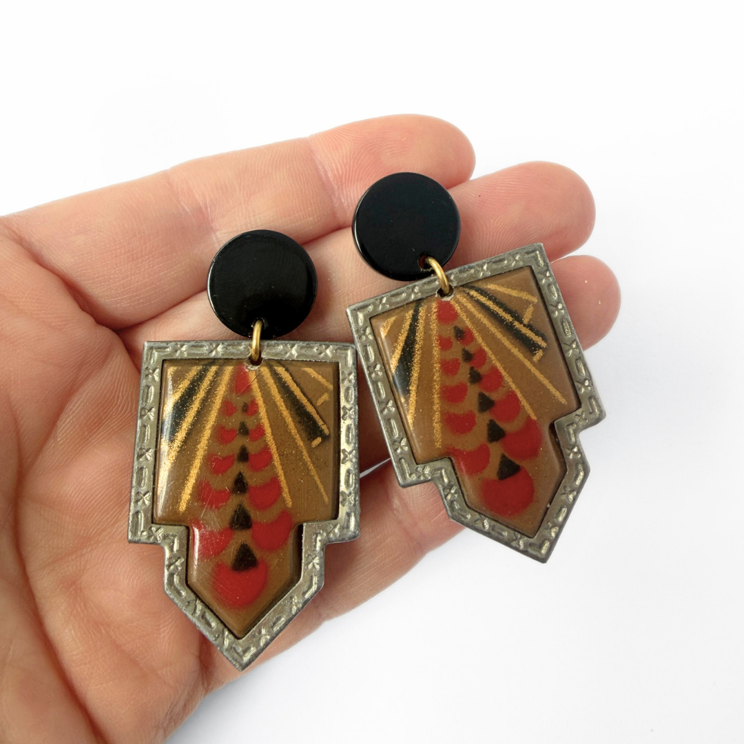 Refashioned Vintage brown and red art deco statement earrings