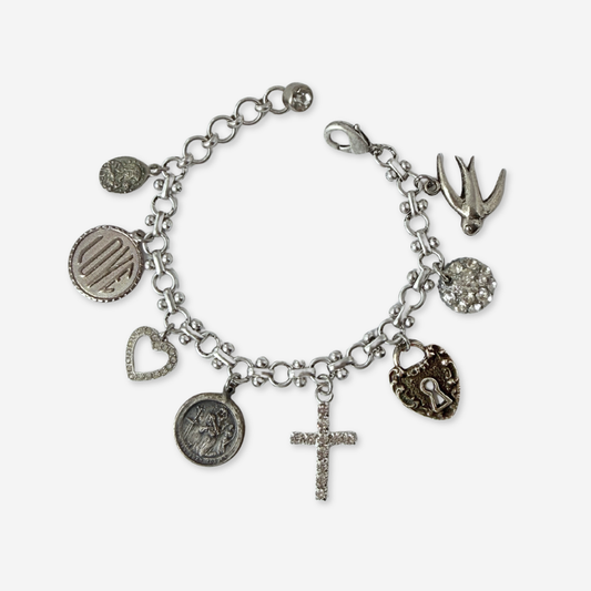 Repurposed vintage mixed silver religious charm bracelet
